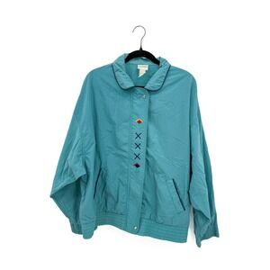 Koret Windbreaker Jacket Women Large Teal Floral Embroidered Bomber Zip 0054